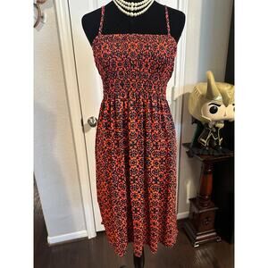 Isla Bonita Bohemian Damask Smocked Bodice Midi Dress